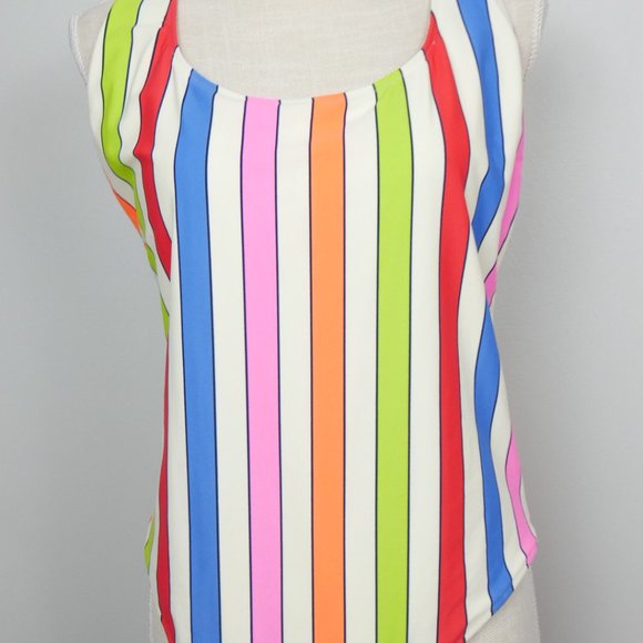 NWOT Aerie White Neon Rainbow Striped Full Coverage One Piece Bathing Suit XL - Picture 6 of 11